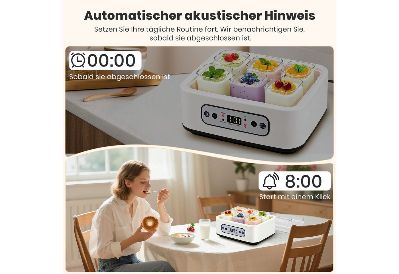 CkeyiN Pro Joghurtbereiter mit Temperatur(21-48 °C) und Timer(1-99h),6 Gläser, je 250 ml, für bis 1,5L,Hochtemperaturbeständig,LCD Display – Bild 4 von 5