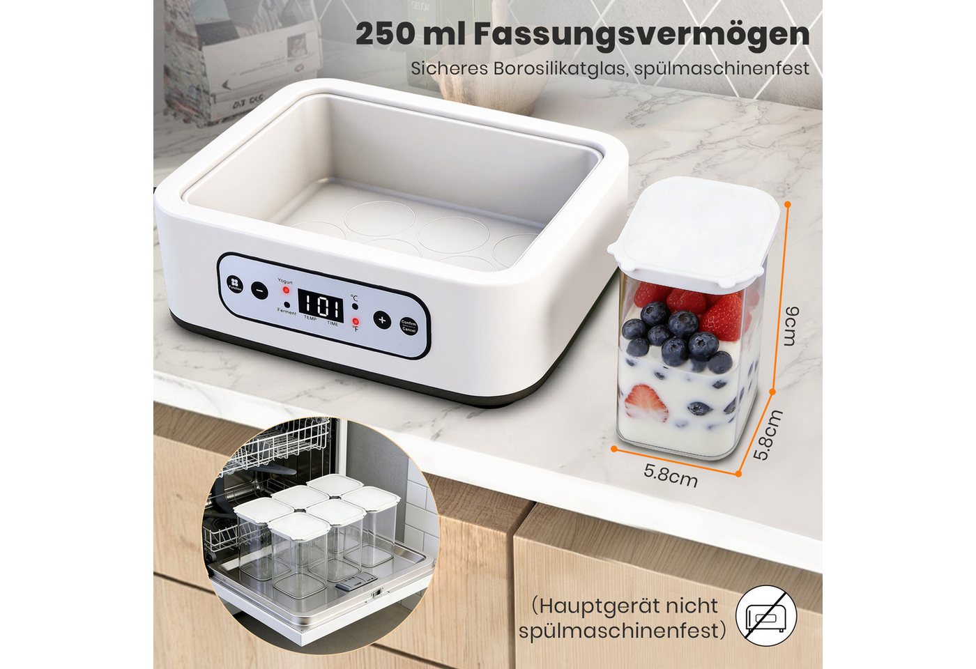CkeyiN Pro Joghurtbereiter mit Temperatur(21-48 °C) und Timer(1-99h),6 Gläser, je 250 ml, für bis 1,5L,Hochtemperaturbeständig,LCD Display – Bild 5 von 5