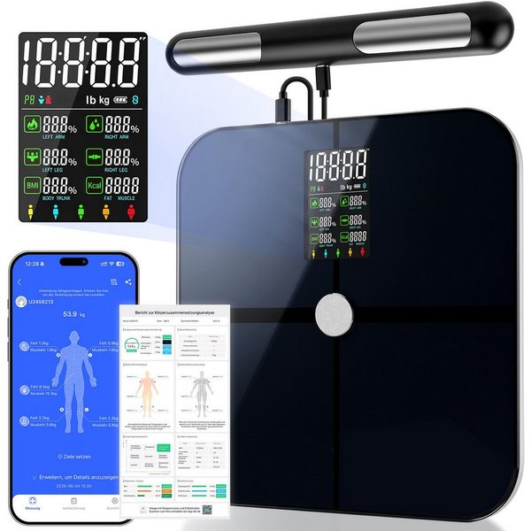 CkeyiN Pro Körper-Analyse-Waage Körperfettwaage mit 8 Elektroden,Ganzkörperanalyse Waage,Personenwaage, mit 22 Körperparametern,Bluetooth App,180 kg/400 lbs, fü