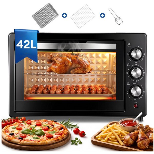 CkeyiN Pro Minibackofen 42 L,2000W Kleiner Backofen,Camping Ofen,Ober-/Unterhitze, Pizzaofen 100-250°C,60 min Timer,mit Backblech