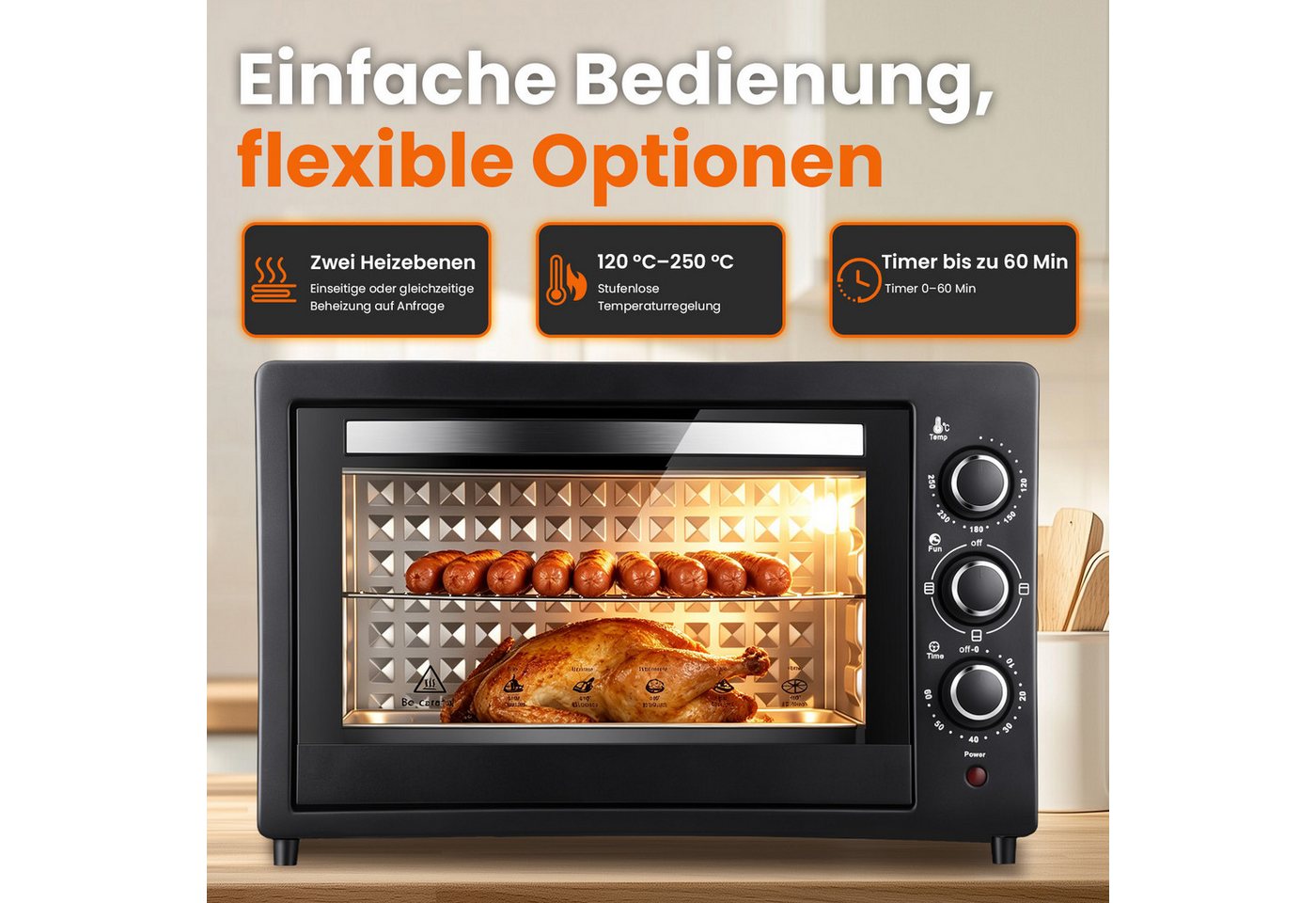 CkeyiN Pro Minibackofen 42 L,2000W Kleiner Backofen,Camping Ofen,Ober-/Unterhitze, Pizzaofen 100-250°C,60 min Timer,mit Backblech – Bild 3 von 5