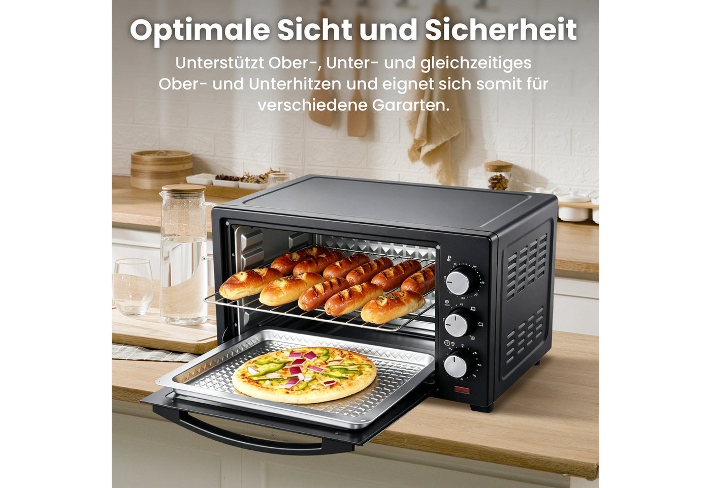 CkeyiN Pro Minibackofen 42 L,2000W Kleiner Backofen,Camping Ofen,Ober-/Unterhitze, Pizzaofen 100-250°C,60 min Timer,mit Backblech – Bild 4 von 5