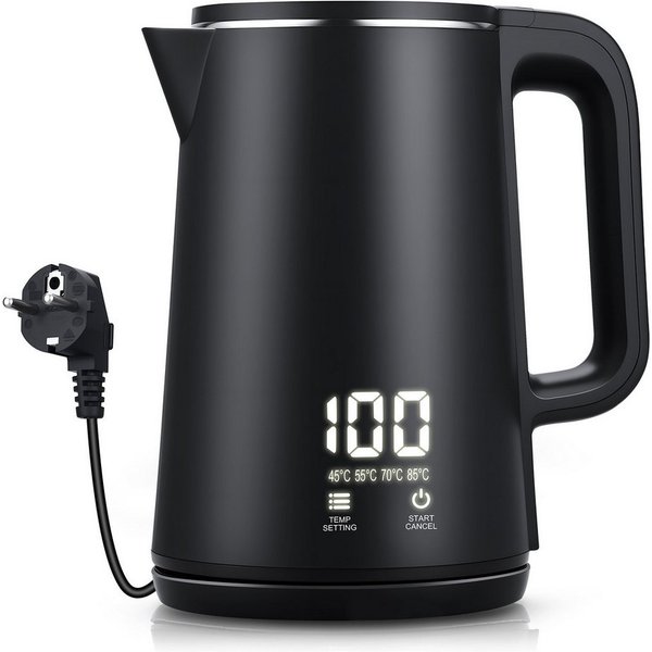 CkeyiN Pro Wasserkocher 304 Edelstahl,1.8L,mit 5 Temperaturregler,Wasserkocher Doppelwandig, 2200 W, 2200W, LCD Digitale(45-100°C)