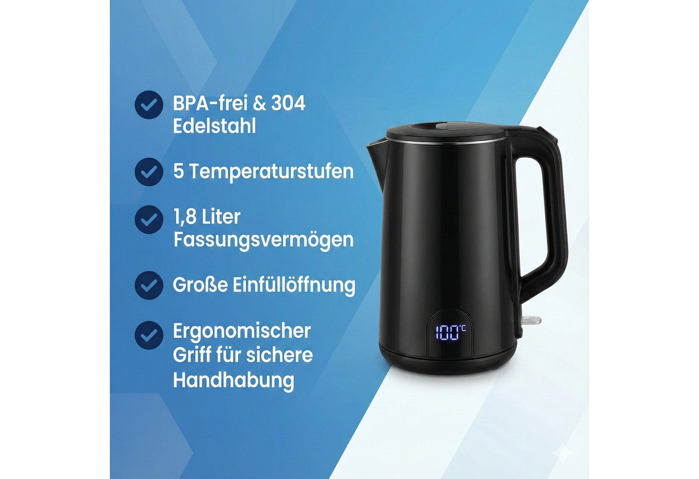 CkeyiN Pro Wasserkocher 304 Edelstahl,1.8L,mit 5 Temperaturregler,Wasserkocher Doppelwandig, 2200 W, 2200W, LCD Digitale(45-100°C) – Bild 2 von 5
