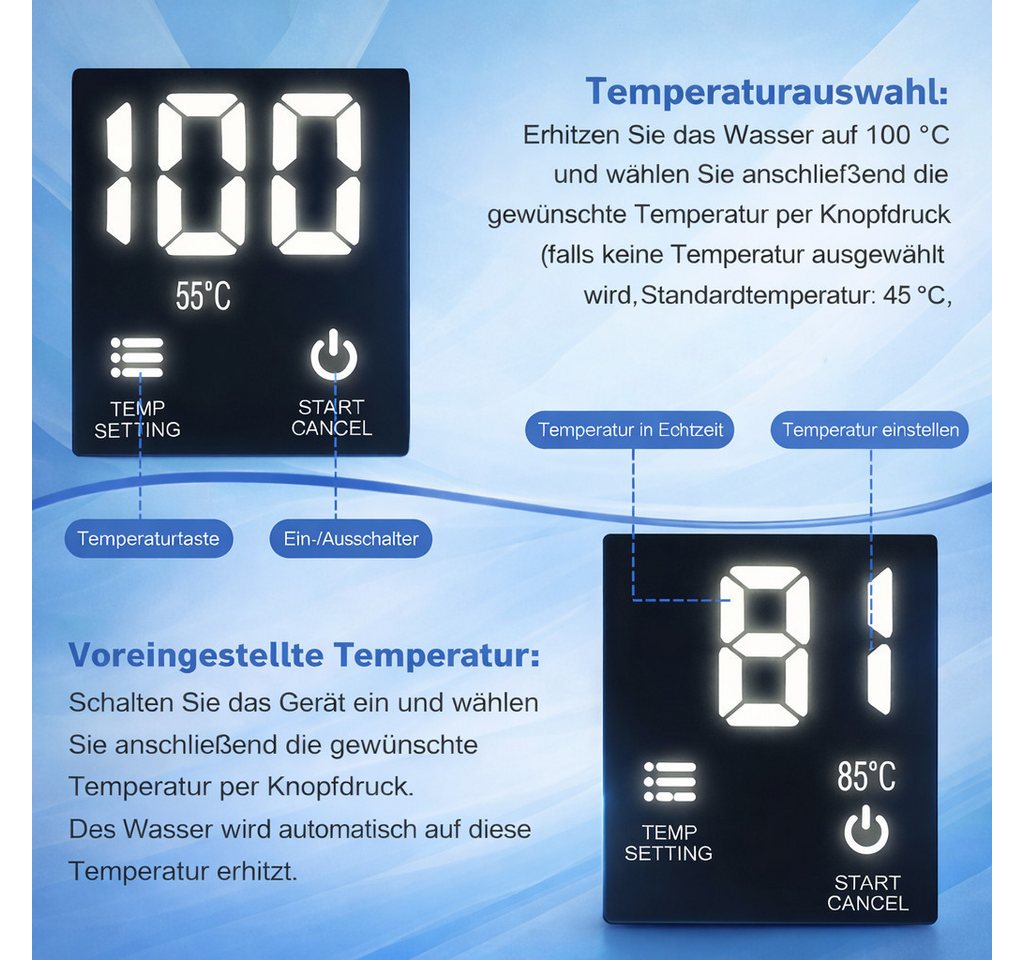 CkeyiN Pro Wasserkocher 304 Edelstahl,1.8L,mit 5 Temperaturregler,Wasserkocher Doppelwandig, 2200 W, 2200W, LCD Digitale(45-100°C) – Bild 4 von 5