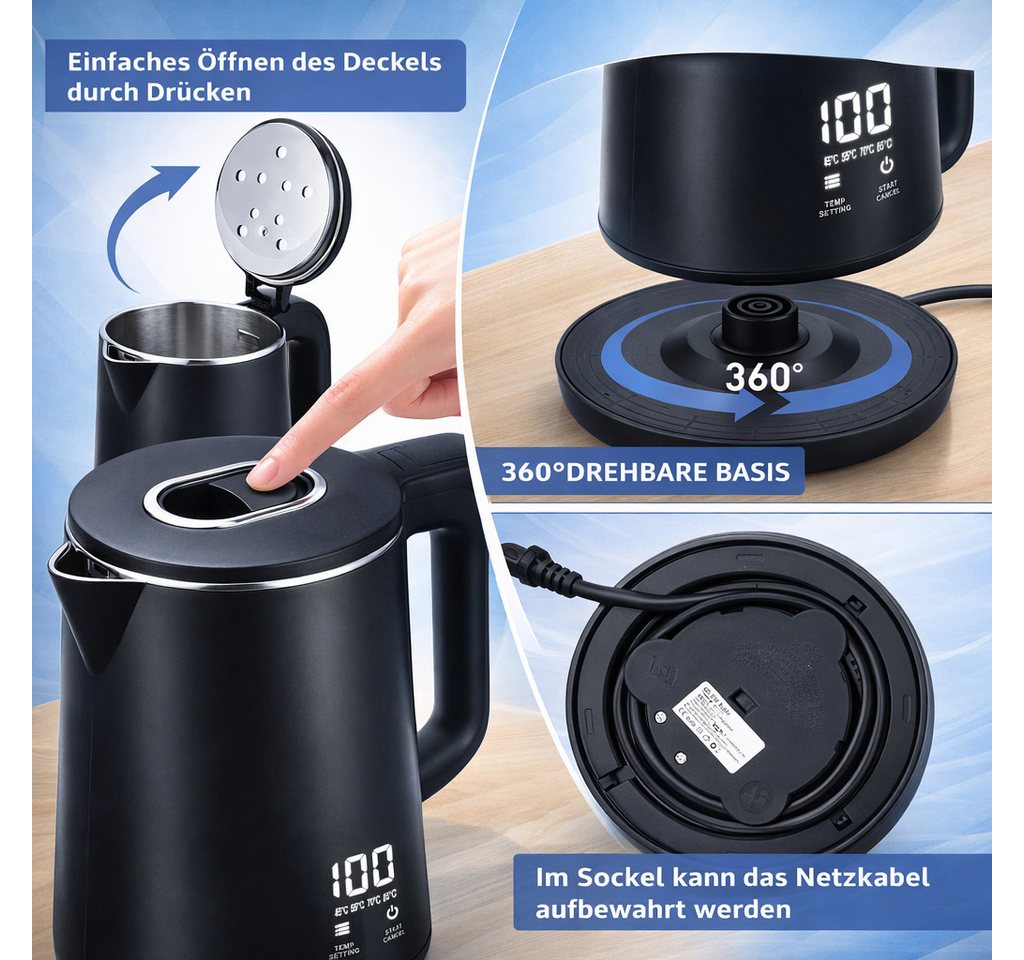 CkeyiN Pro Wasserkocher 304 Edelstahl,1.8L,mit 5 Temperaturregler,Wasserkocher Doppelwandig, 2200 W, 2200W, LCD Digitale(45-100°C) – Bild 5 von 5