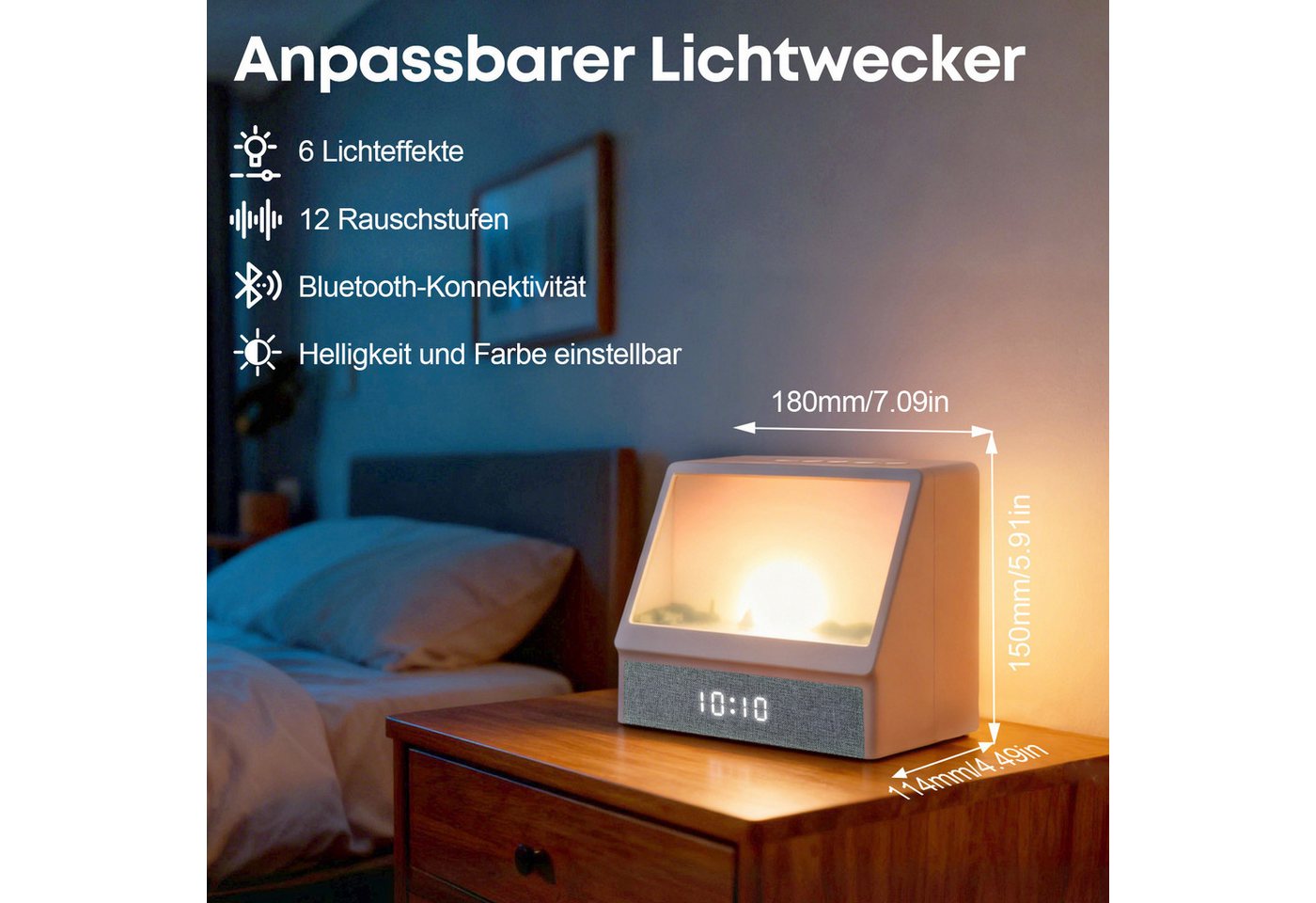CkeyiN Pro Wecker Tageslichtwecker,Sonnenaufgang Wecker,Farbige Sonnenaufgangssimulation 6 farbige Licht,mit 12 Naturgeräuschen,für Frauen Männer Teens – Bild 2 von 5
