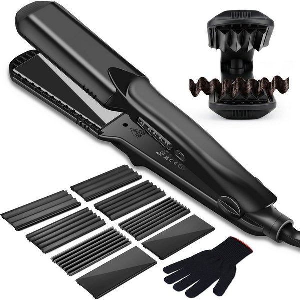 CkeyiN Pro Welleneisen Glätteisen Kreppeisen, 4-in-1-Haarglätter,Kreppeisen für Haare Keramik-Turmalin-Beschichtung, Austauschbaren Platten, 30 Sekunden Aufwärm