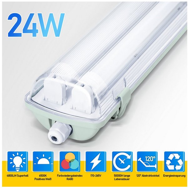 Clanmacy Außen-Deckenleuchte LED Feuchtraumleuchte Wannenleuchte Wannenleuchte T8 LED Röhre IP65, 2X24W 150CM, Kaltweiß