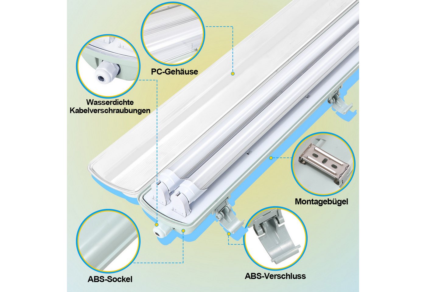 Clanmacy Außen-Deckenleuchte LED Feuchtraumleuchte Wannenleuchte Wannenleuchte T8 LED Röhre IP65, 2X24W 150CM, Kaltweiß – Bild 5 von 5