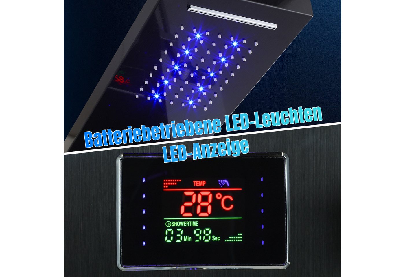 Clanmacy Duschsystem Duschpaneel 6-in-1 mit LED, Regendusche & Massage, Schwarz, Höhe 116 cm, Regendusche, Wasserfall, Rückenmassage, Badewanne, 1,5 m Handbraus – Bild 3 von 5
