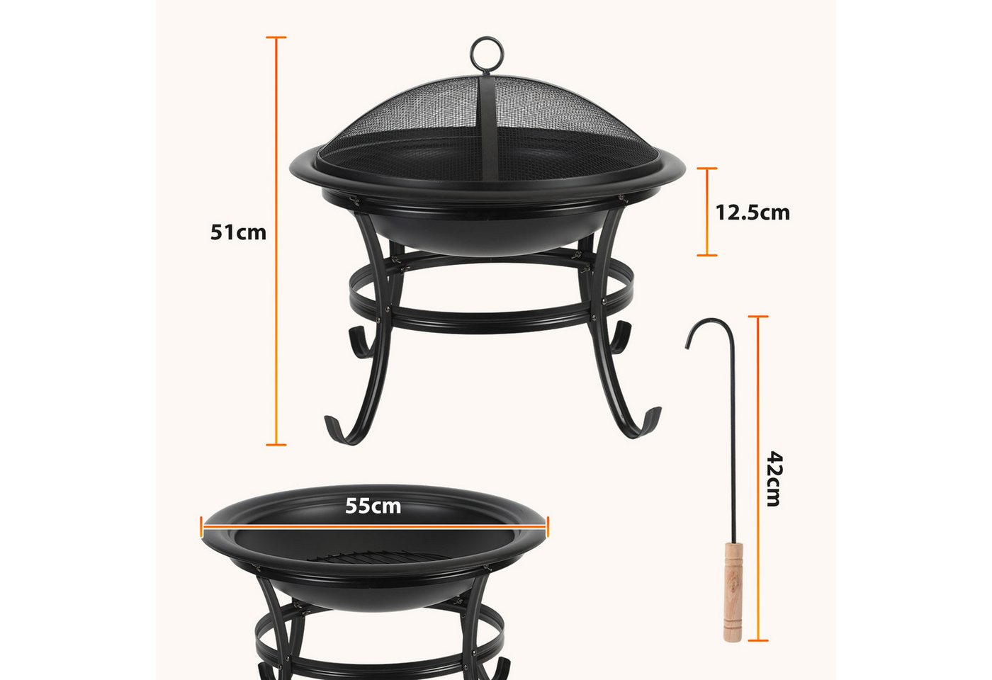 Clanmacy Feuerschale Ø 55cm mit Funkenschutz, Grillrost und Schürhaken, Garten und Terrasse – Bild 2 von 5