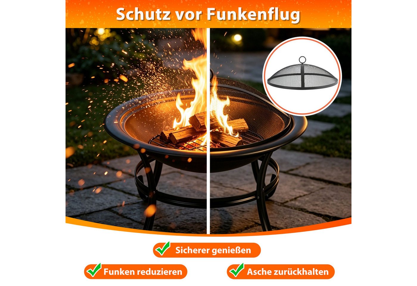 Clanmacy Feuerschale Ø 55cm mit Funkenschutz, Grillrost und Schürhaken, Garten und Terrasse – Bild 4 von 5