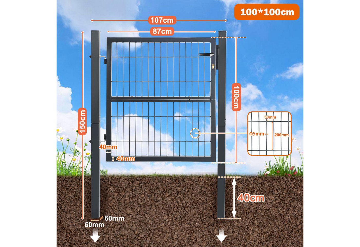 Clanmacy Gartentor 100CM Gartentor Doppelstabmatten Gartentor Anthrazit – Bild 2 von 5