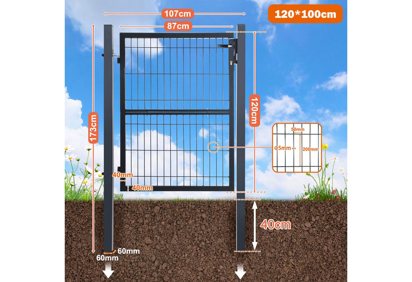 Clanmacy Gartentor 120CM Gartentor Doppelstabmatten Gartentor Anthrazit – Bild 2 von 5