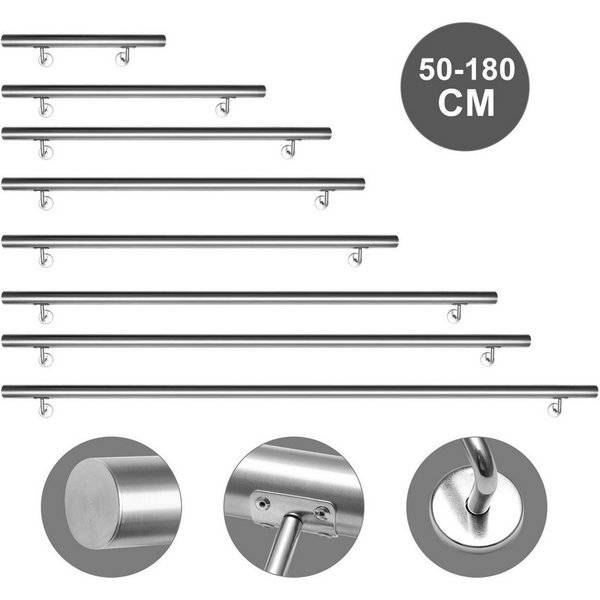 Clanmacy Handlauf Edelstahl Außentreppe Geländer Treppengeländer 50 -200 cm Wandhandlauf, 50 cm Gesamtlänge, Edelstahl matt