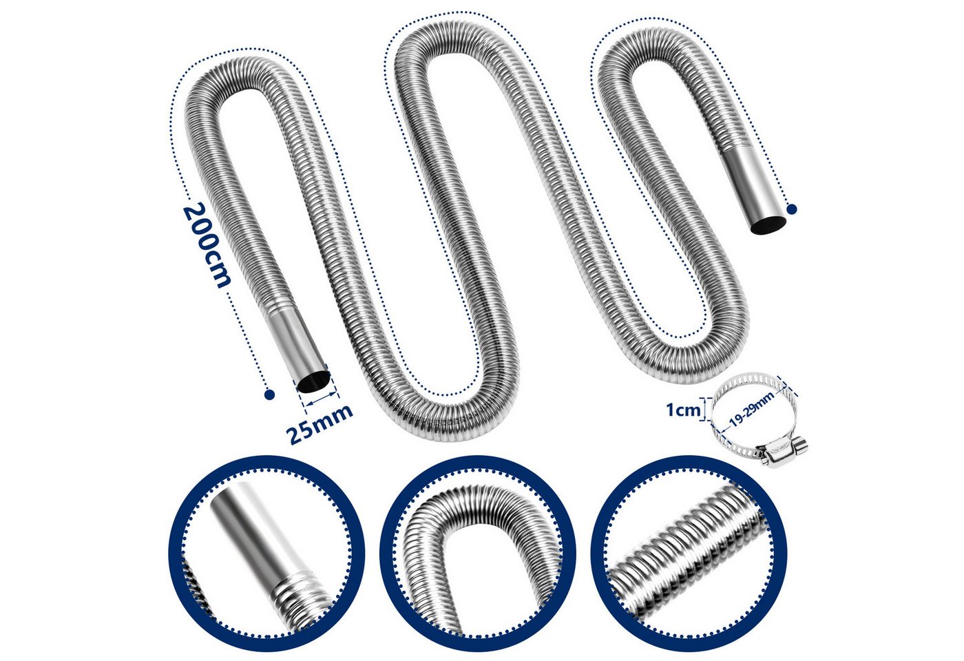 Clanmacy Heizlüfter 200cm φ25mm AbgasschlauchAbgasschalldämpfer Edelstahl Auspuffrohr – Bild 2 von 5