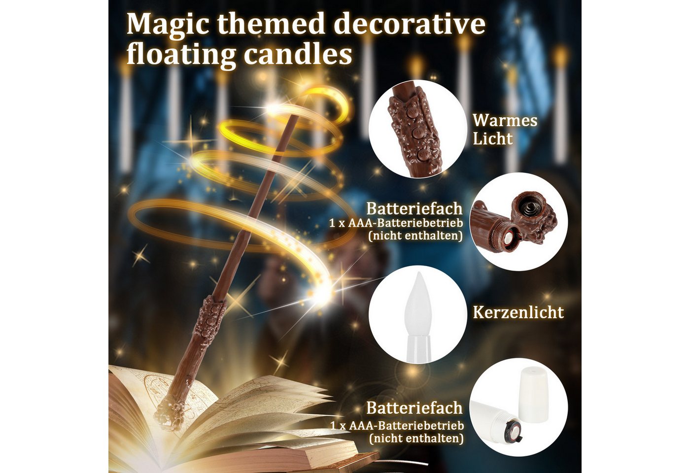 Clanmacy LED-Christbaumkerzen Flackernde Schwebende Kerzen mit Zauberstab,Hängende Fliegende Kerzen – Bild 3 von 5