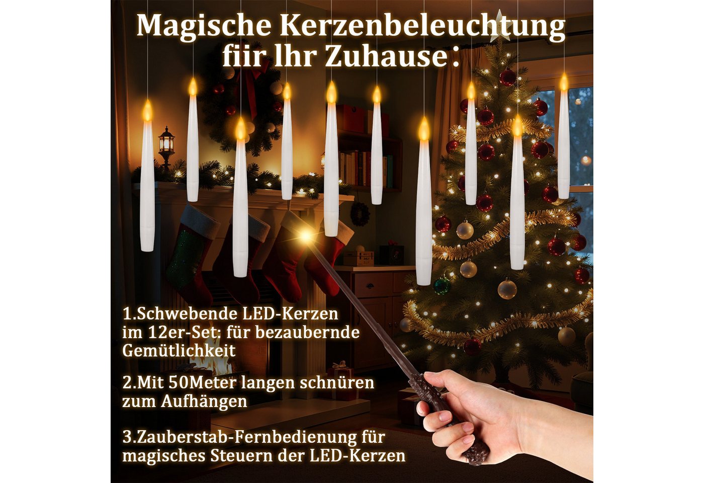 Clanmacy LED-Christbaumkerzen Flackernde Schwebende Kerzen mit Zauberstab,Hängende Fliegende Kerzen – Bild 5 von 5