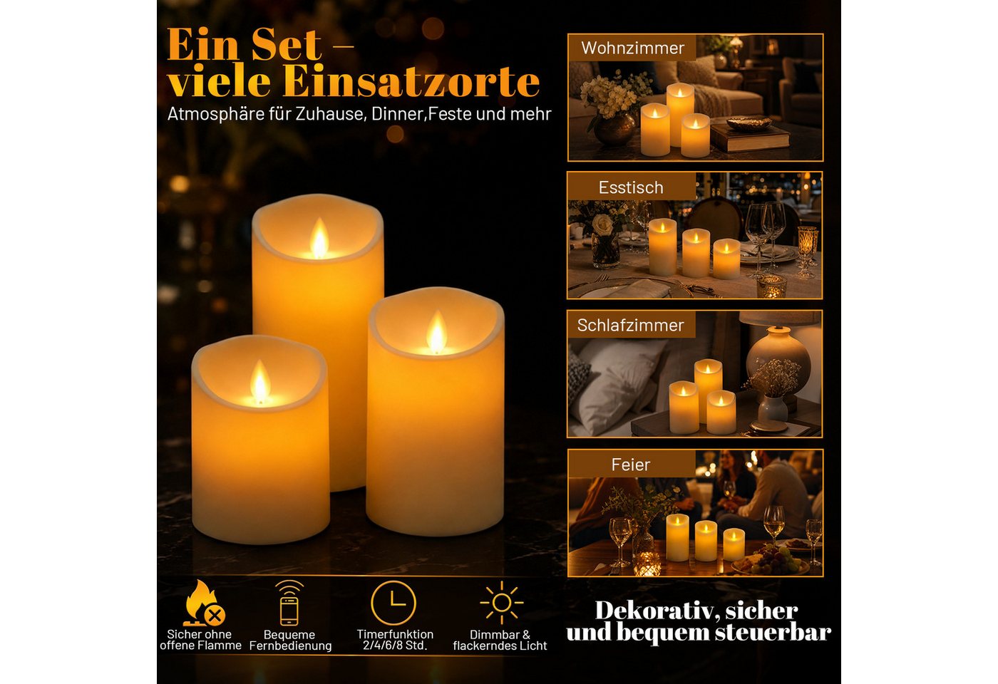 Clanmacy LED-Kerze 3X LED Kerzen Set Flackernd Mit Timerfunktion Fernbedienung Dimmbar, Warmweiß, Ø 7,5 cm × H 10 / 12,5 / 15 cm – Bild 3 von 5
