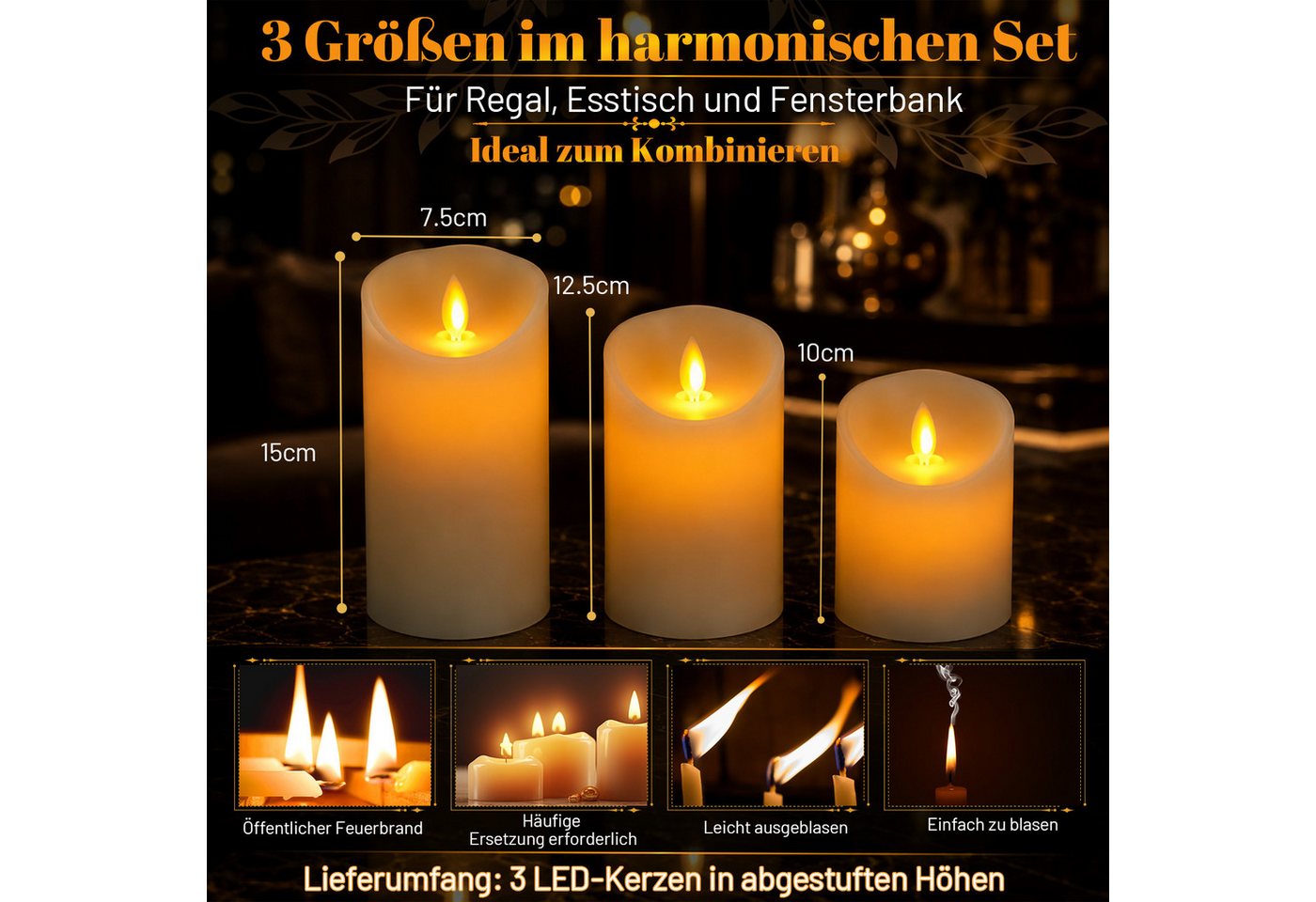 Clanmacy LED-Kerze 3X Set Echtwachskerze Timerfunktion Fernbedienung LED Kerzen Dimmbar, Warmweiß, Ø 7,5 cm × H 10 / 12,5 / 15 cm – Bild 2 von 5