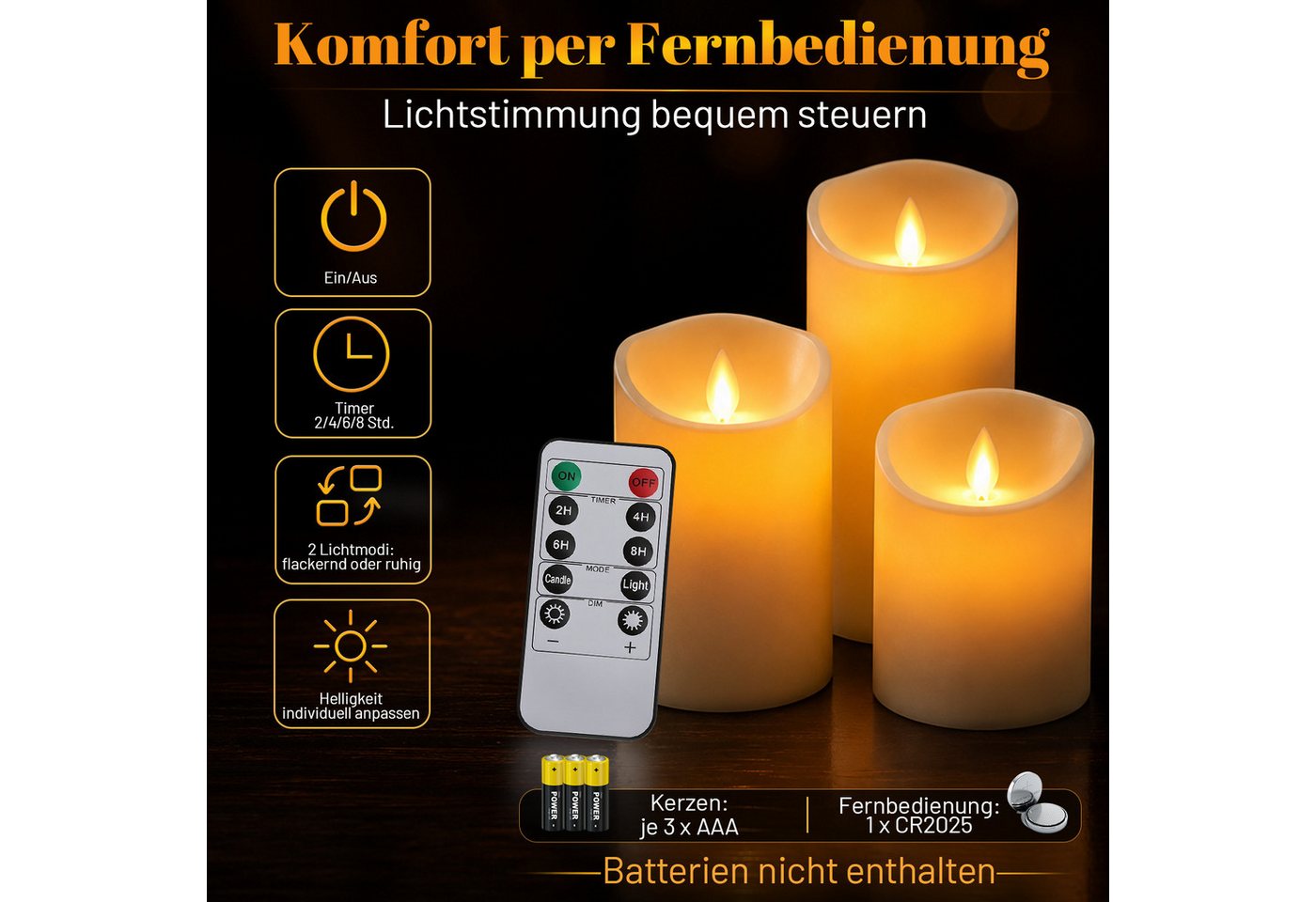 Clanmacy LED-Kerze 3X Set Echtwachskerze Timerfunktion Fernbedienung LED Kerzen Dimmbar, Warmweiß, Ø 7,5 cm × H 10 / 12,5 / 15 cm – Bild 5 von 5
