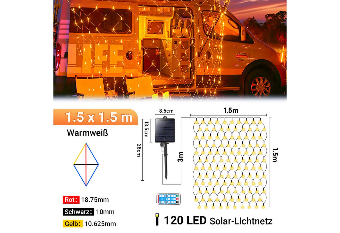 Clanmacy LED-Lichternetz Solar Lichternetz Lichtervorhang 8 Modi-Speicherfunktion IP44 Party – Bild 2 von 5