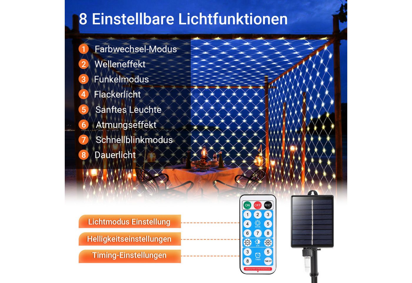 Clanmacy LED-Lichternetz Solar Lichternetz Lichtervorhang 8 Modi-Speicherfunktion IP44 Party – Bild 4 von 5