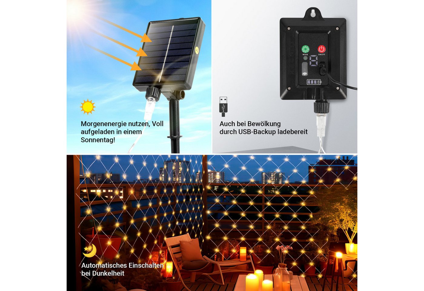 Clanmacy LED-Lichternetz Solar Lichternetz Lichtervorhang 8 Modi-Speicherfunktion IP44 Party – Bild 5 von 5