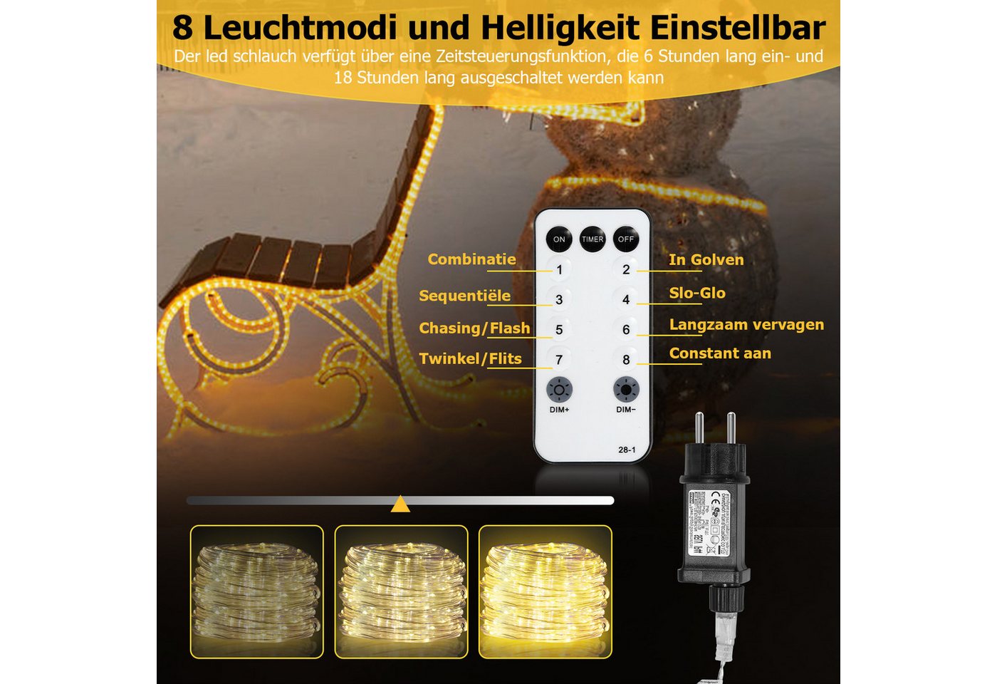 Clanmacy LED-Lichterschlauch LED Lichterschlauch Lichterkette 8 Modi IP65 Wasserdicht Warmweiß 10M – Bild 2 von 5