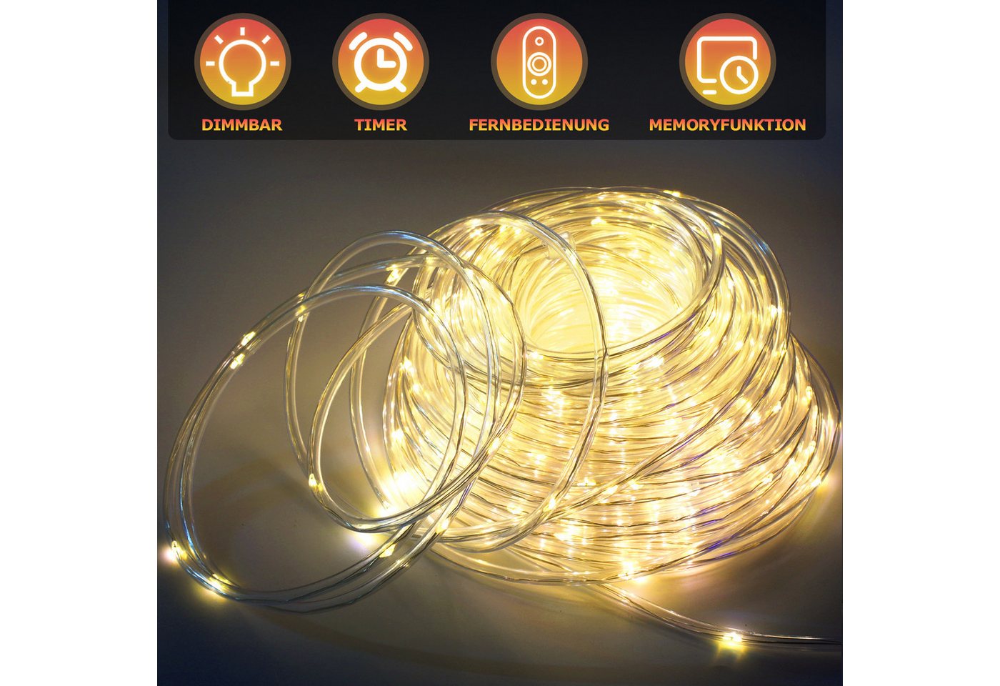 Clanmacy LED-Lichterschlauch LED Lichterschlauch Lichterkette 8 Modi IP65 Wasserdicht Warmweiß 10M – Bild 3 von 5