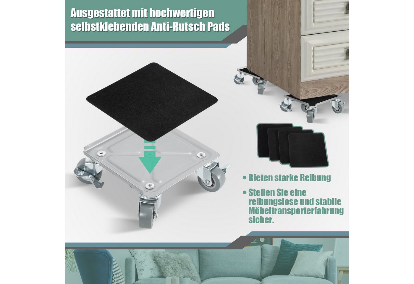 Clanmacy Möbelrolle Möbelroller 4 stück Möbelheber Rollbrett Möbel Transportroller Roller – Bild 5 von 5