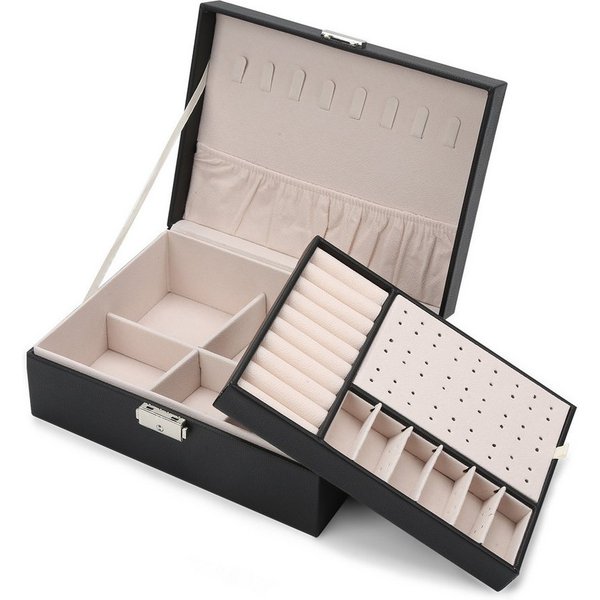 Clanmacy Schmuckkasten Schmuckkasten 2-schichtiger Schmuckschatulle, Damen Schmuckbox schwarz