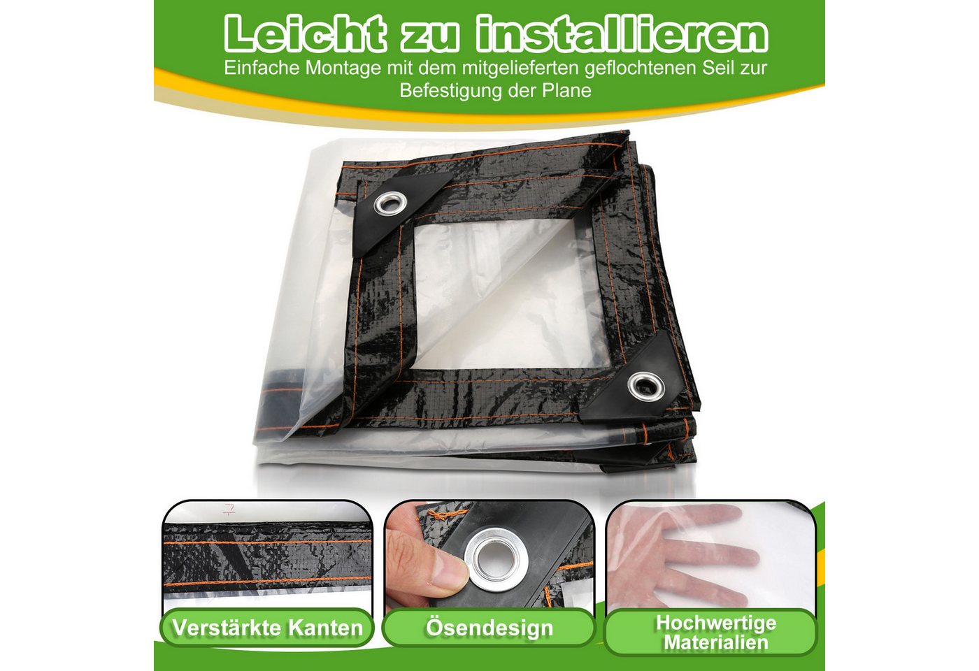 Clanmacy Schutzplane PVC transparente Plane Abdeckplane mit Ösen und Seil (für Terrasse Pavillon Gewächshaus), wasserdichte Plane Windschutz Regenschutz – Bild 4 von 5