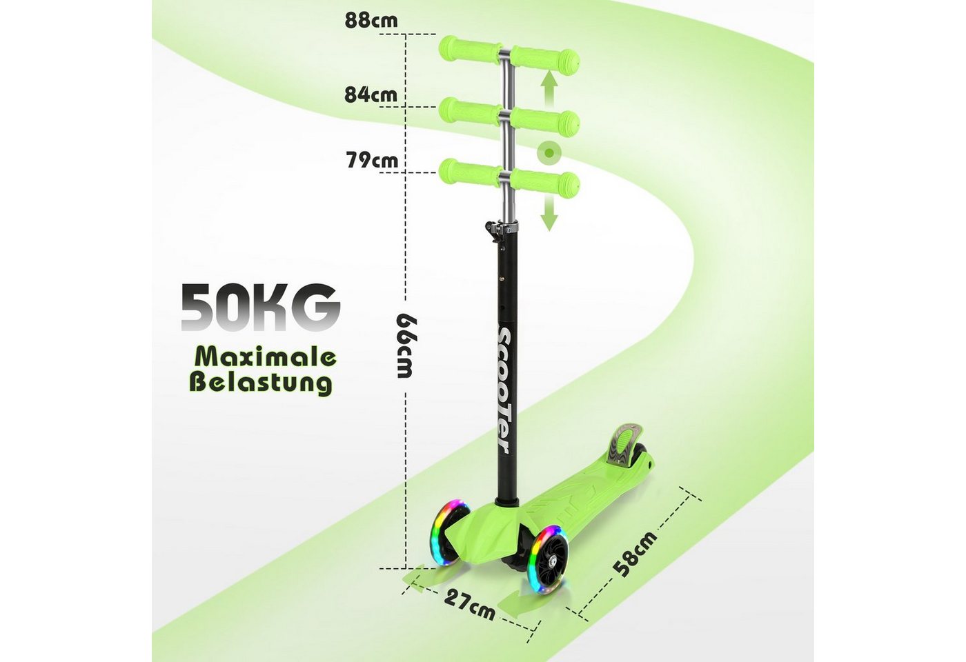 Clanmacy Scooter Kinderroller Tretroller LED-Räder bis 50 kg Höhenverstellbar – Bild 2 von 5