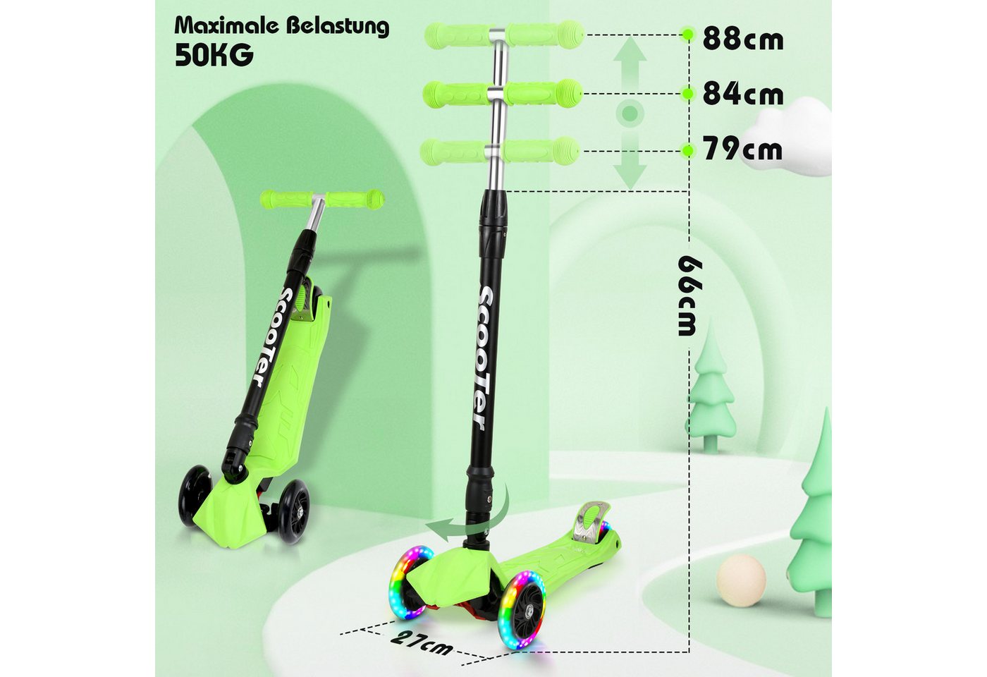 Clanmacy Scooter Kinderroller Tretroller mit 3 LED-Rädern Höhenverstellbar & Klappbar – Bild 2 von 5