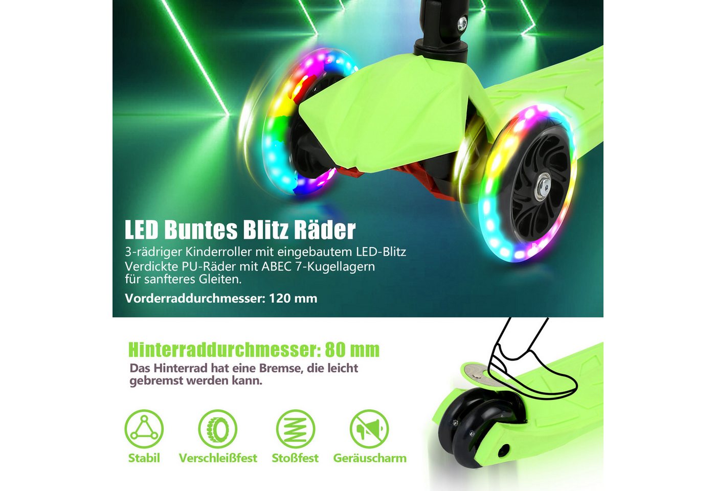 Clanmacy Scooter Kinderroller Tretroller mit 3 LED-Rädern Höhenverstellbar & Klappbar – Bild 3 von 5