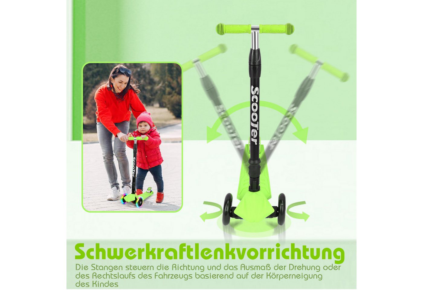 Clanmacy Scooter Kinderroller Tretroller mit 3 LED-Rädern Höhenverstellbar & Klappbar – Bild 5 von 5