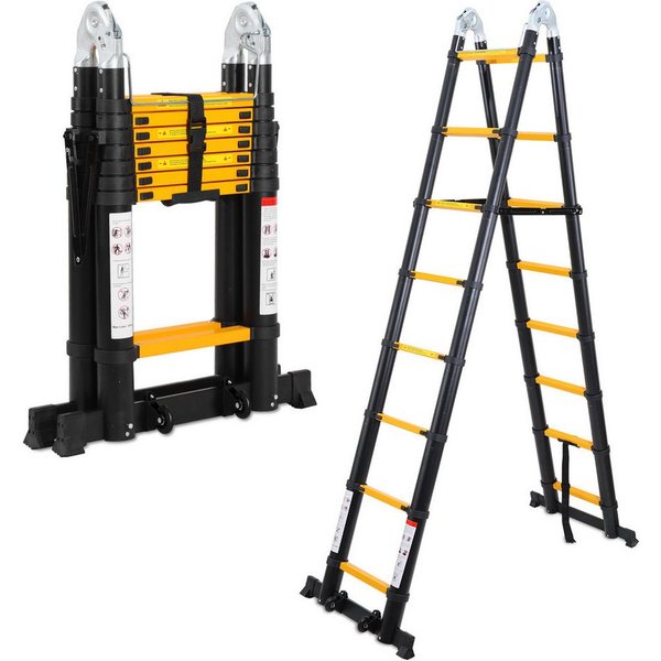 Clanmacy Teleskopleiter Teleskopleiter Alu 2,5+2,5m mit Stabilisator Rädern Anlegeleiter