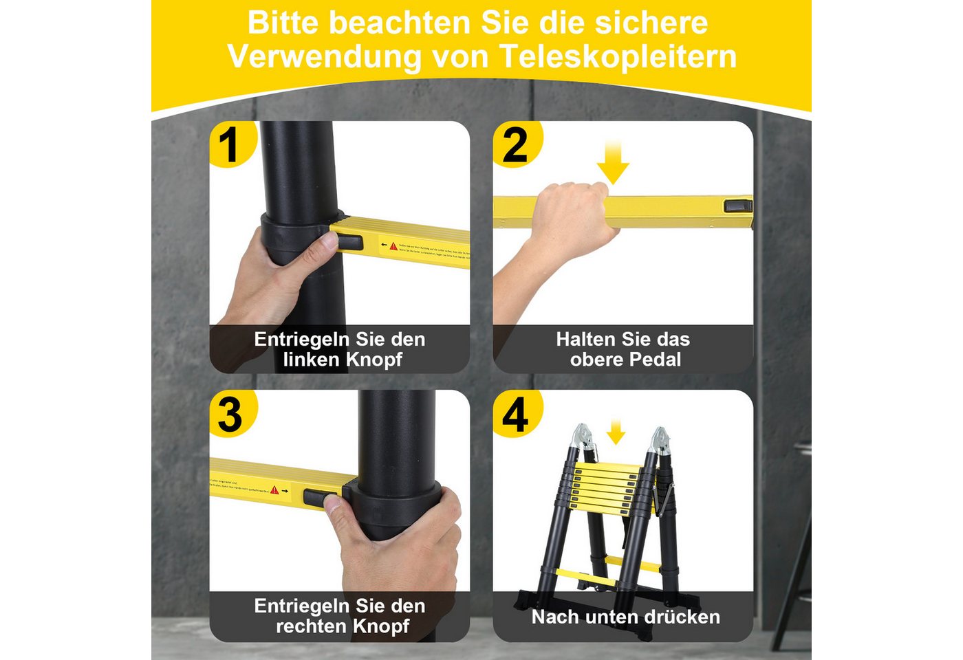 Clanmacy Teleskopleiter Teleskopleiter Alu 2,5+2,5m mit Stabilisator Rädern Anlegeleiter – Bild 3 von 5