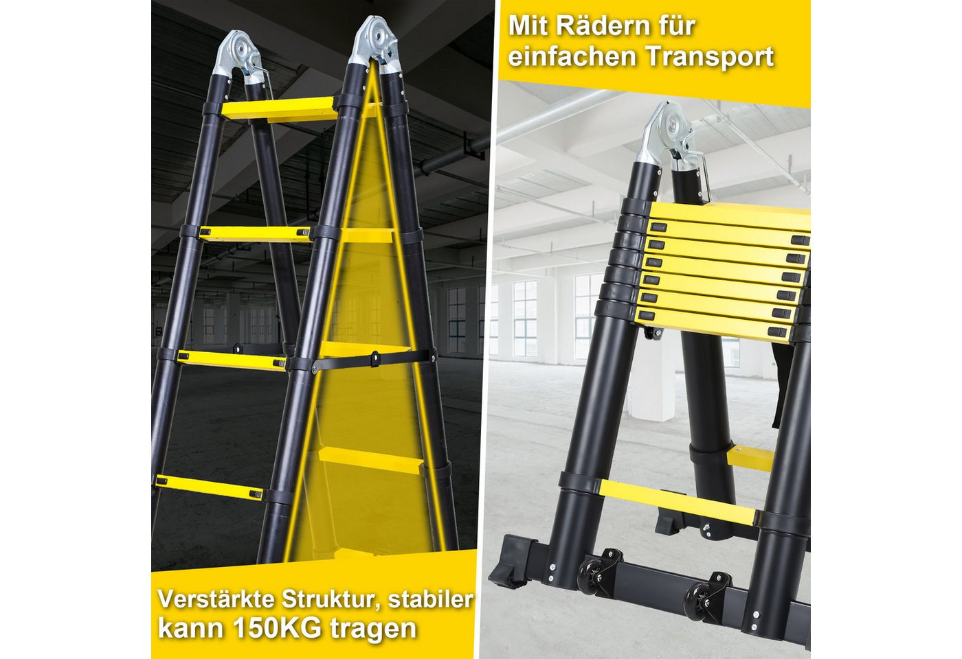 Clanmacy Teleskopleiter Teleskopleiter Alu 2,5+2,5m mit Stabilisator Rädern Anlegeleiter – Bild 4 von 5