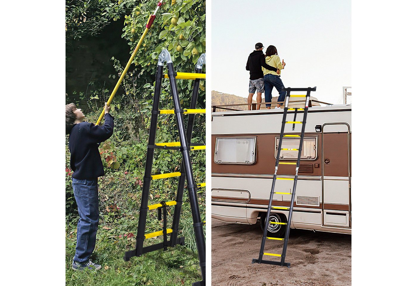 Clanmacy Teleskopleiter Teleskopleiter Alu 2,5+2,5m mit Stabilisator Rädern Anlegeleiter – Bild 5 von 5
