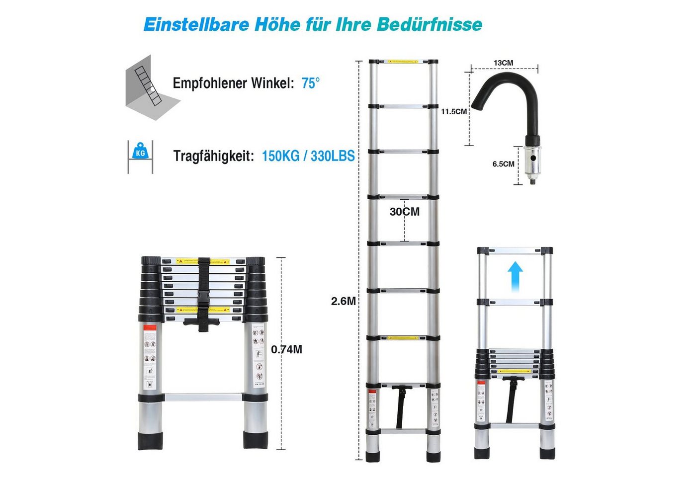Clanmacy Teleskopleiter Teleskopleiter Alu 2,6~5m Ausziehleiter Anlegeleiter bis 150kg – Bild 2 von 5