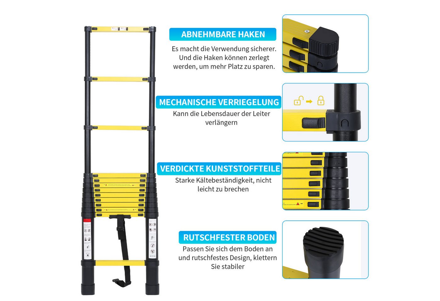 Clanmacy Teleskopleiter Teleskopleiter Alu 2,6~5m Ausziehleiter Anlegeleiter bis 150kg – Bild 2 von 5