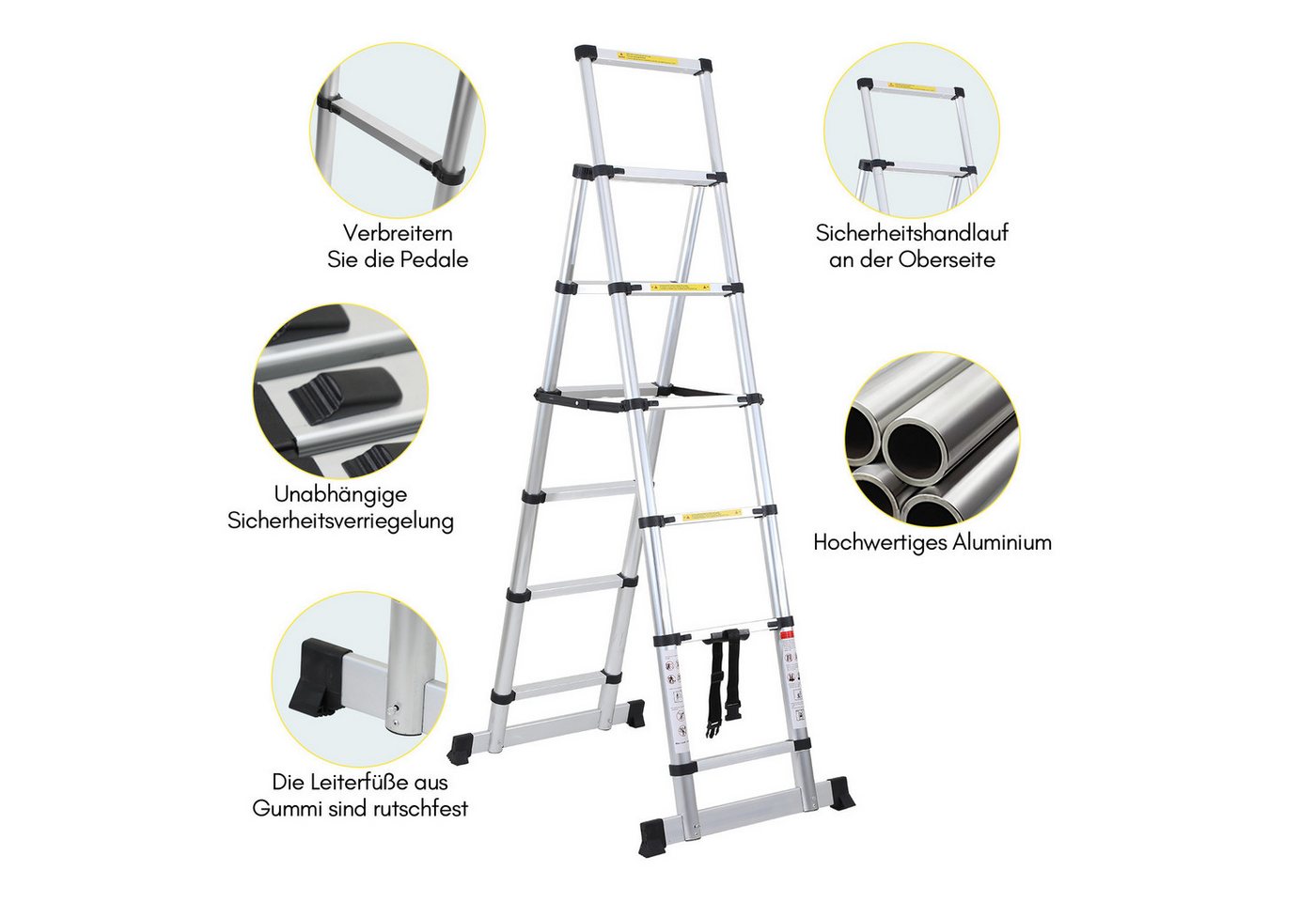 Clanmacy Teleskopleiter Aluminium Teleskopleiter 2,3M Silber, Leiter Ausziehbar Klappleiter, M (Teleskopleiter,Anlegeleiter,Klappleiter,Schiebeleiter, Hochleist – Bild 3 von 5