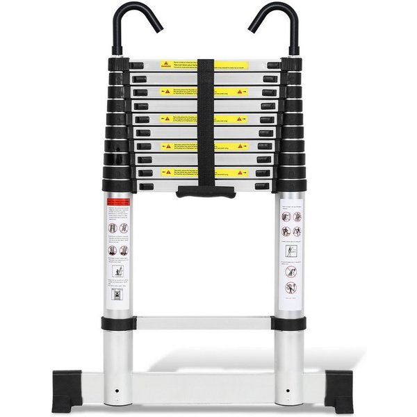 Clanmacy Teleskopleiter Aluminium Teleskopleiter 3,2M Silber, Leiter Ausziehbar mit Stabilisat (Teleskopleiter,Anlegeleiter,Klappleiter,Schiebeleiter, Hochleist