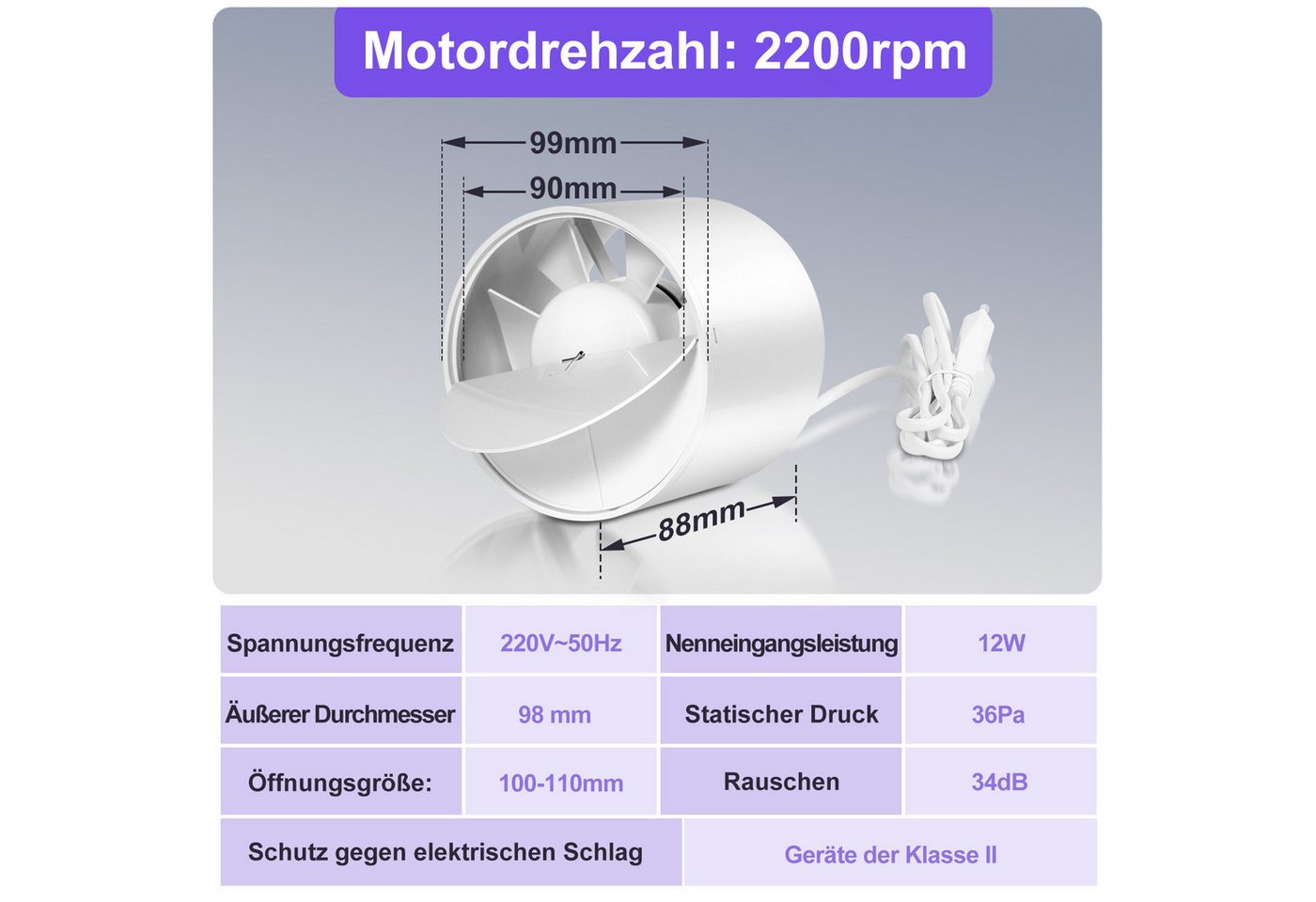 Clanmacy Wandventilator Rohrventilator Ø100mm Inline-Abluftventilator Rohrlüfter Leise 12W – Bild 3 von 5