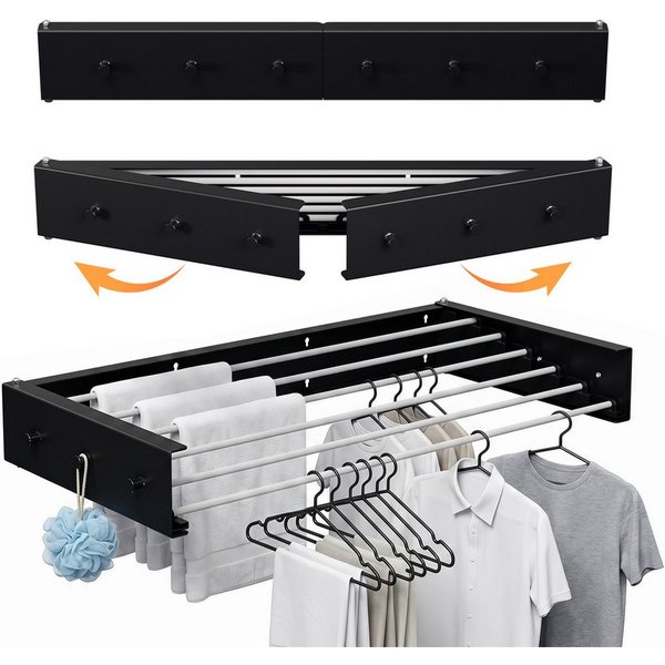 Clanmacy Wandwäschetrockner 100 cm Klappbarer Wäscheständer, Wandtrockner Schwarz mit 6 Stangen