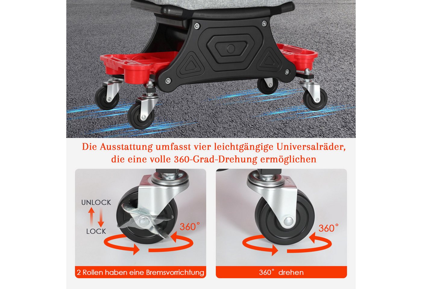 Clanmacy Werkstattwagen Rollhocker, 185 kg Belastbar Werkstatt Rollsitz Montagehocker, max. Traglast:185 kg, (werkstatt hocker) – Bild 3 von 5