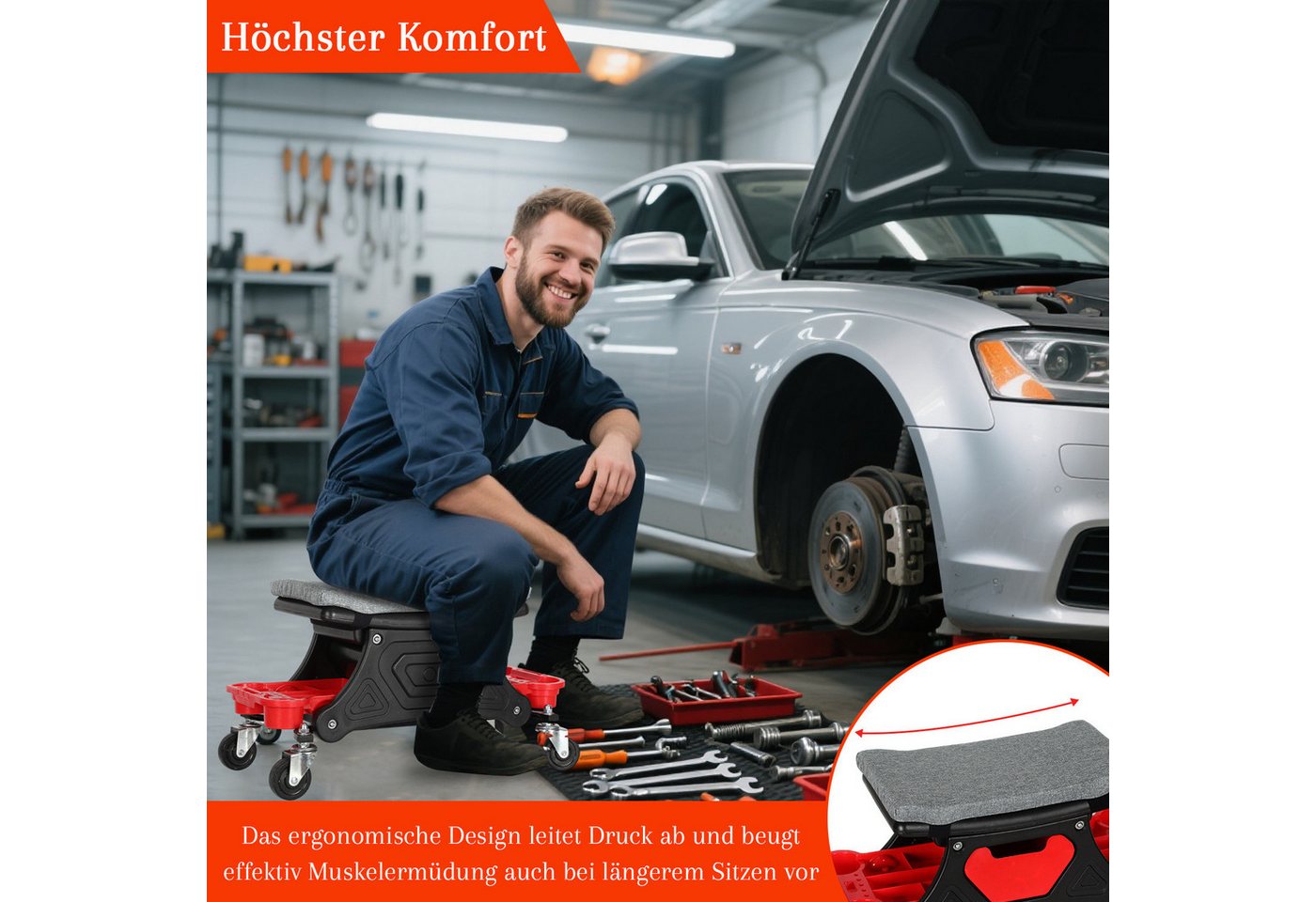 Clanmacy Werkstattwagen Rollhocker, 185 kg Belastbar Werkstatt Rollsitz Montagehocker, max. Traglast:185 kg, (werkstatt hocker) – Bild 4 von 5